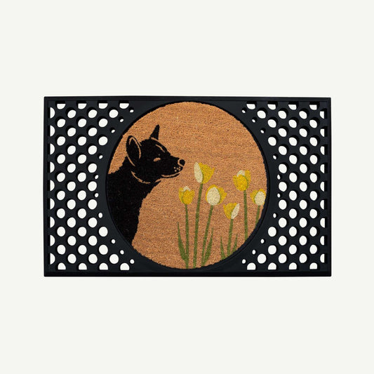 spring dog sniffs the tulips - convertible entrance doormat- 4 Cats & Dogs Home Furnishings Inc