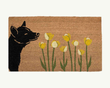 spring dog sniffs the tulips - convertible entrance doormat-4 Cats & Dogs Home Furnishings Inc