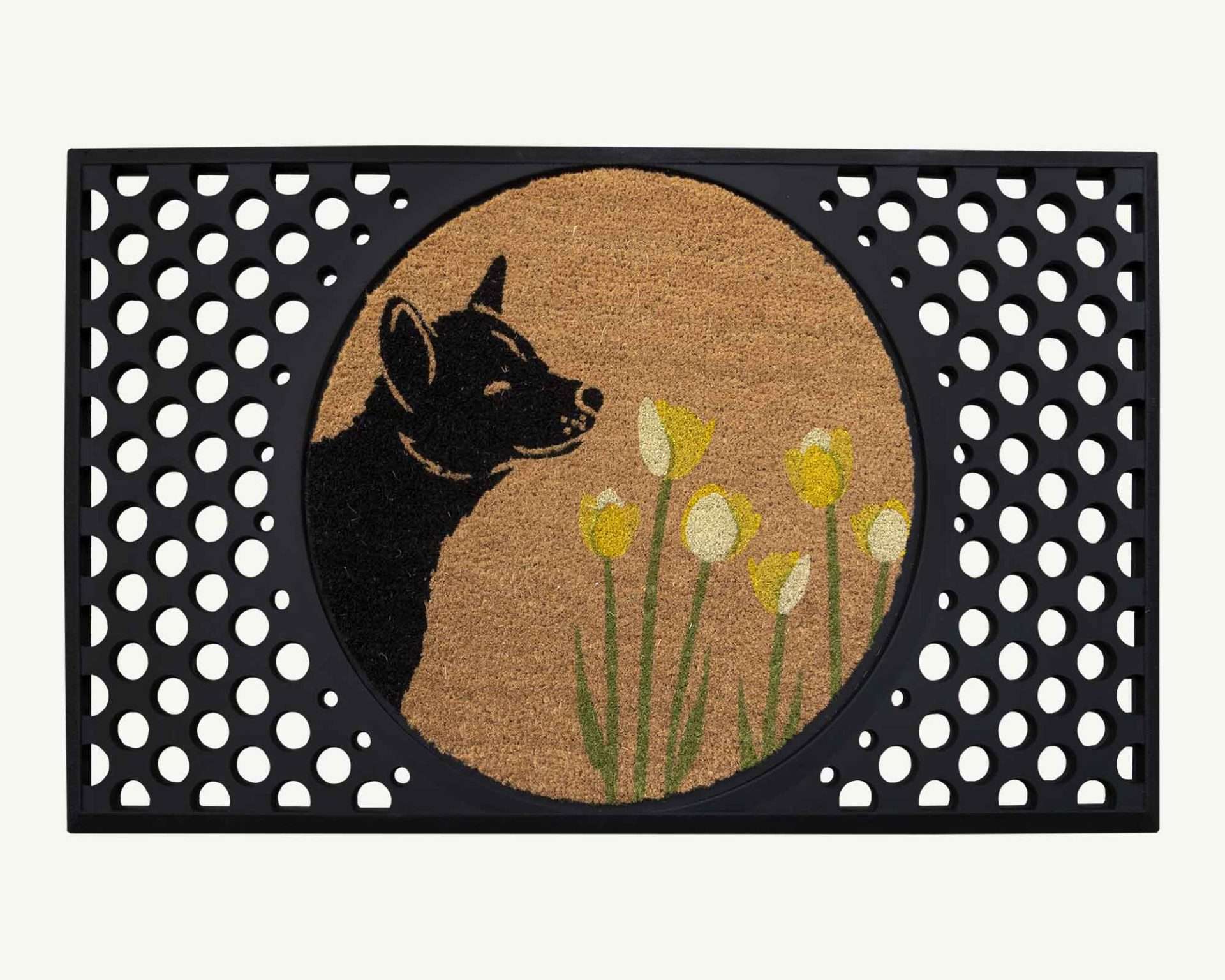 spring dog sniffs the tulips - convertible entrance doormat- 4 Cats & Dogs Home Furnishings Inc